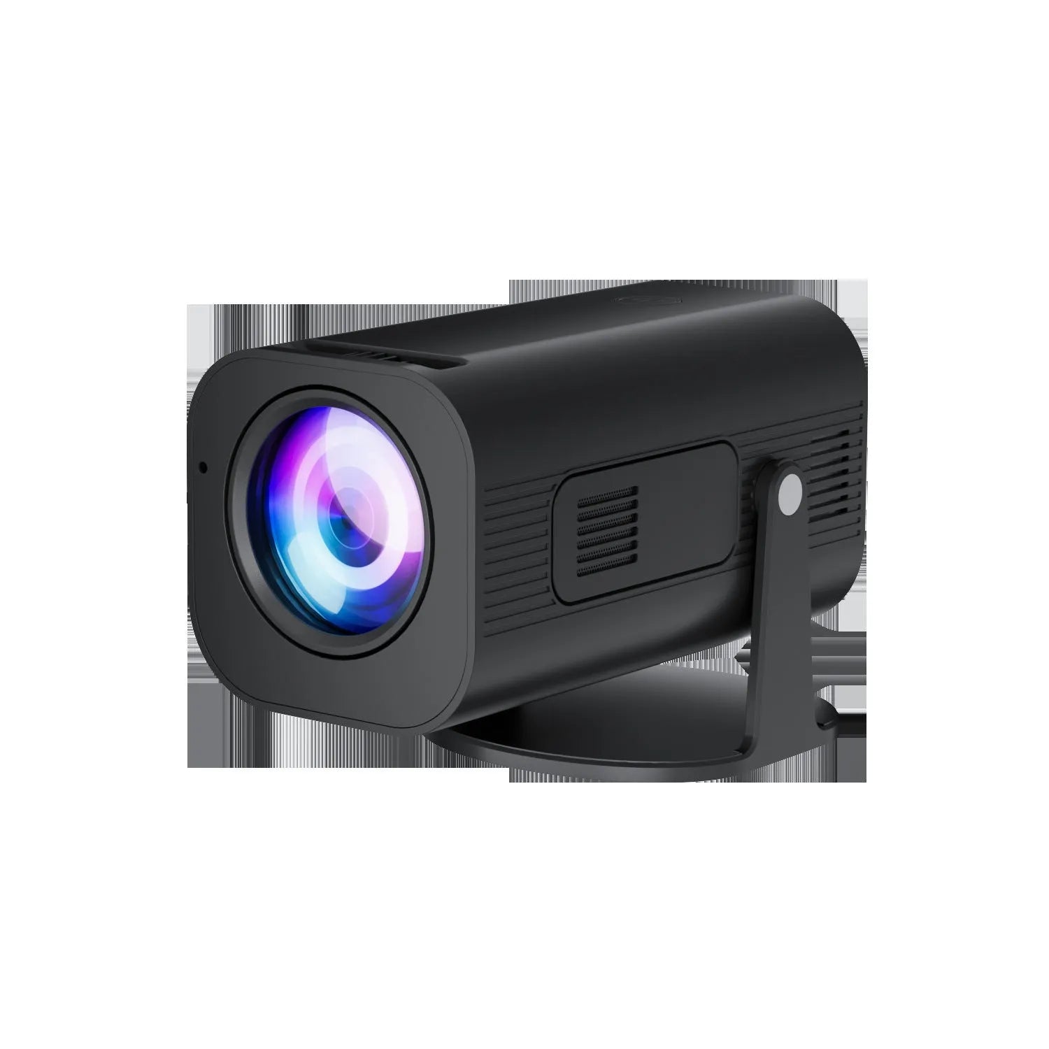Black and white P330 portable mini projector with remote control on a table.