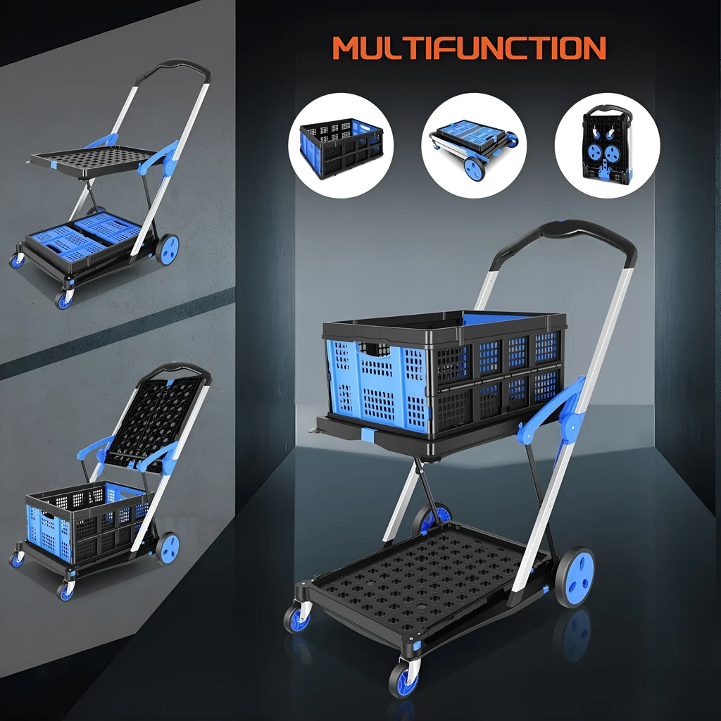 Foldable plastic shopping trolley with double-layer basket shown in blue, purple, pink, and red colour options.