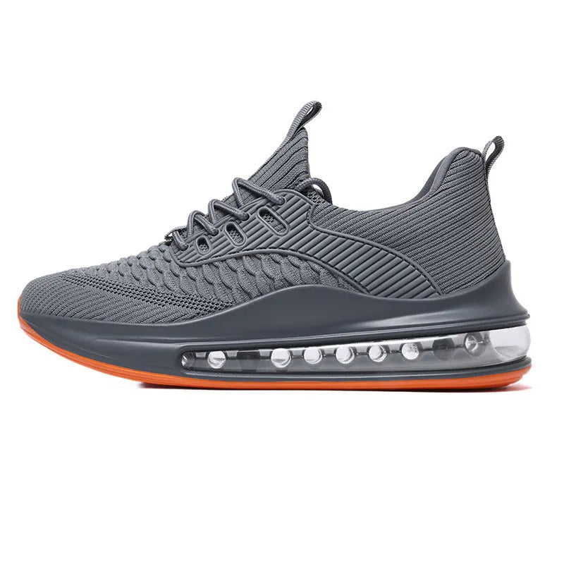 Men's black mesh running shoes with platform sole and round toe design on white background