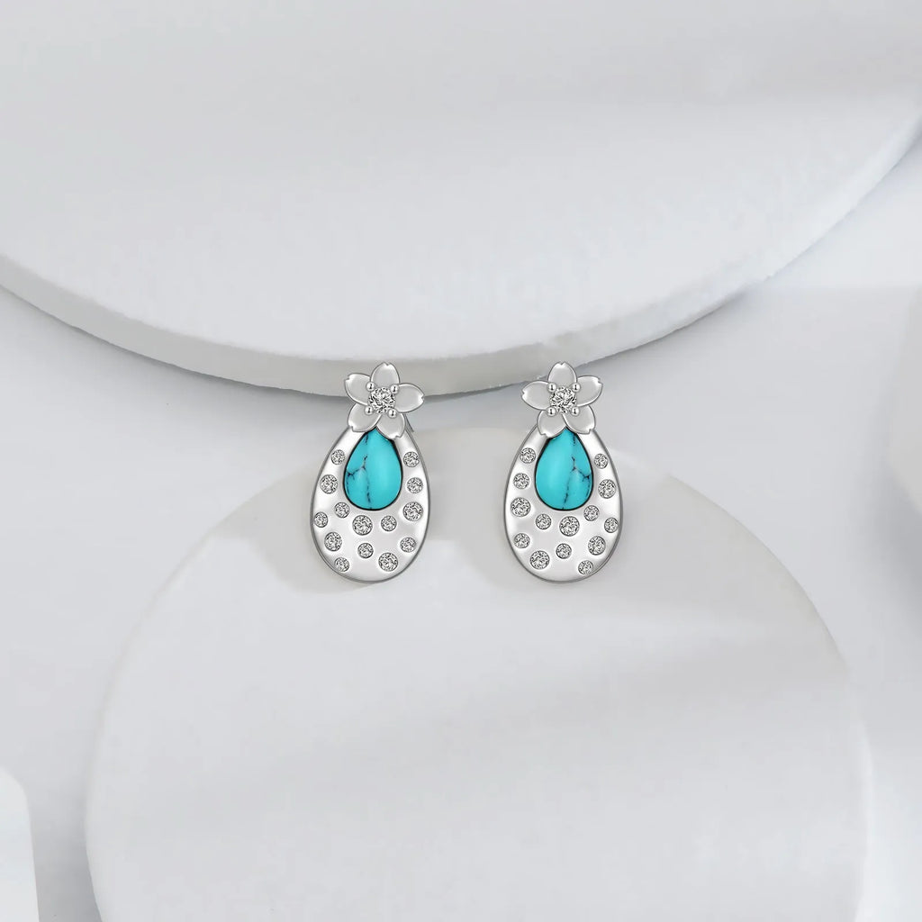 Pair of turquoise cherry blossom 925 sterling silver stud earrings with cubic zirconia, 15.8x8.5mm, white gold plated