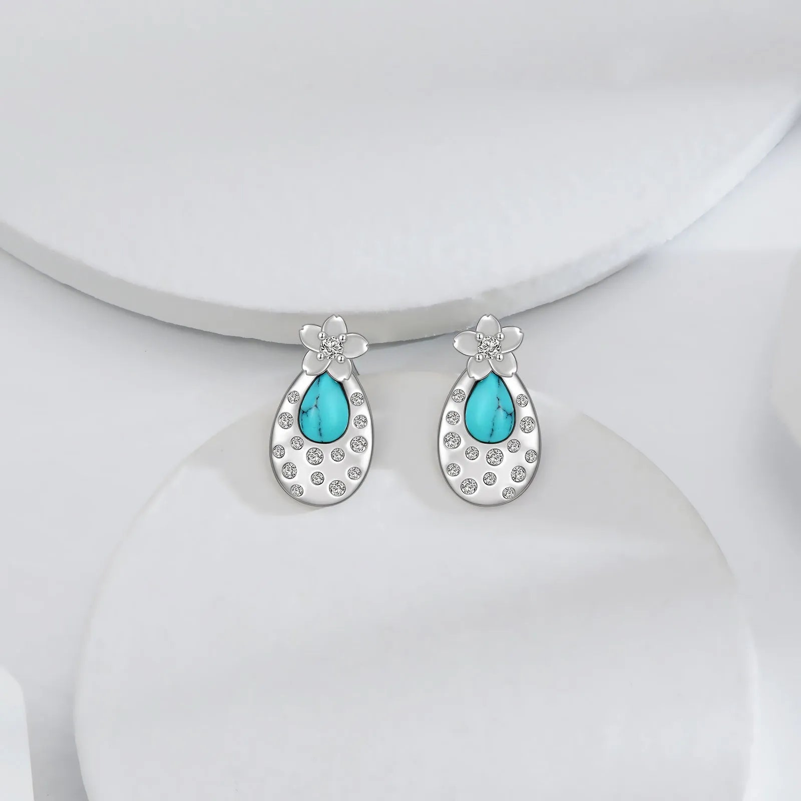 Pair of turquoise cherry blossom 925 sterling silver stud earrings with cubic zirconia, 15.8x8.5mm, white gold plated