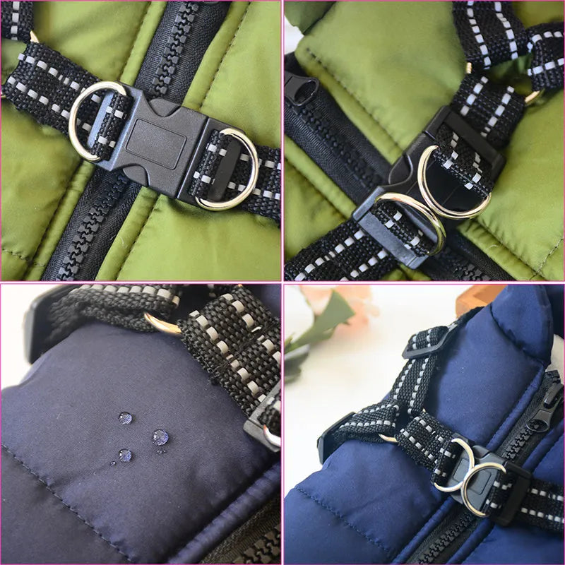Waterproof dog coat with harness hole in rain silk fabric, available in multiple colours and sizes