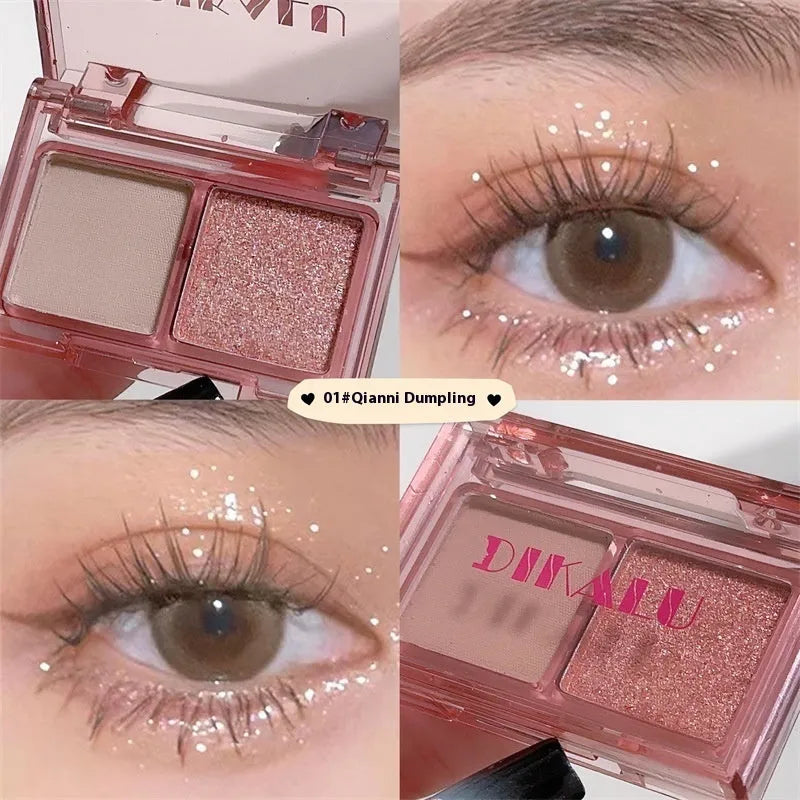 Dikalu two-tone eye shadow plate showing pink and black matte and shimmer shades in compact