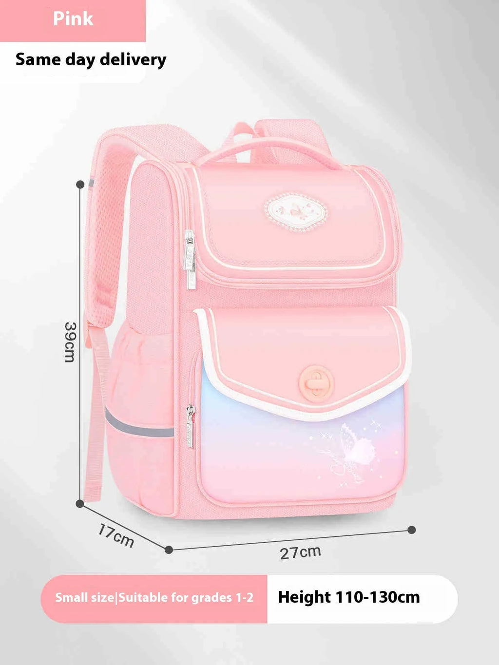 Girls waterproof schoolbag in pink, purple and green colours with large and small size options