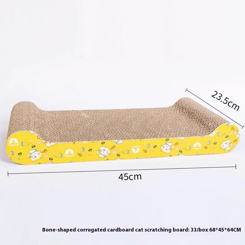 Corrugated paper cat scratch board shown in bone shape and other styles including M-type and wavy.
