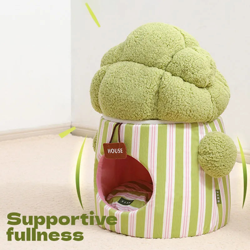 Green creative cauliflower-shaped enclosed pet house for a small dog or cat.