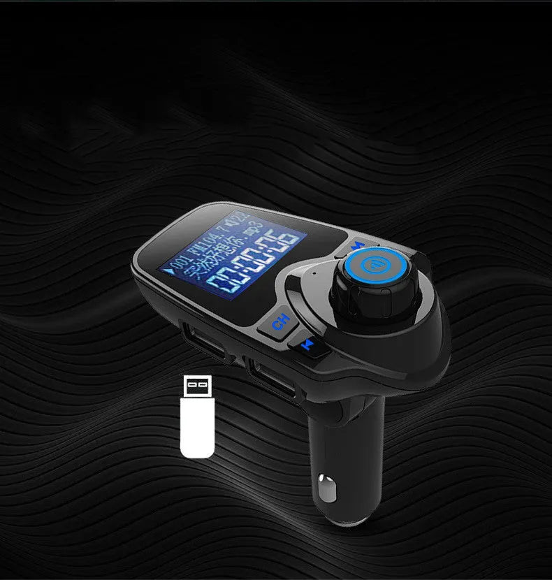 Black G7 car Bluetooth FM transmitter and hands-free kit with USB port for charging and audio playback.