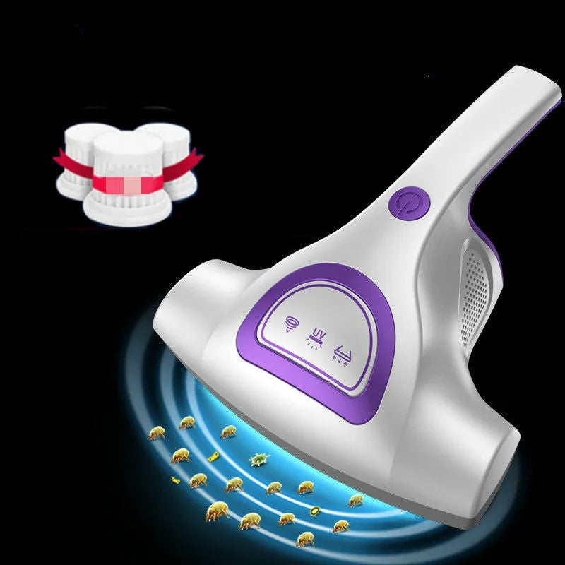 Pink handheld vacuum cleaner with UV-C light for mite removal on a sofa.