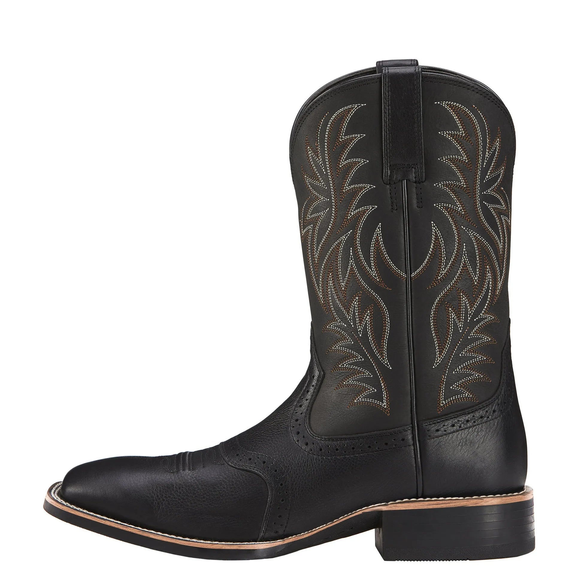 Men's black embroidered western cowboy boots with square toe and decorative stitching