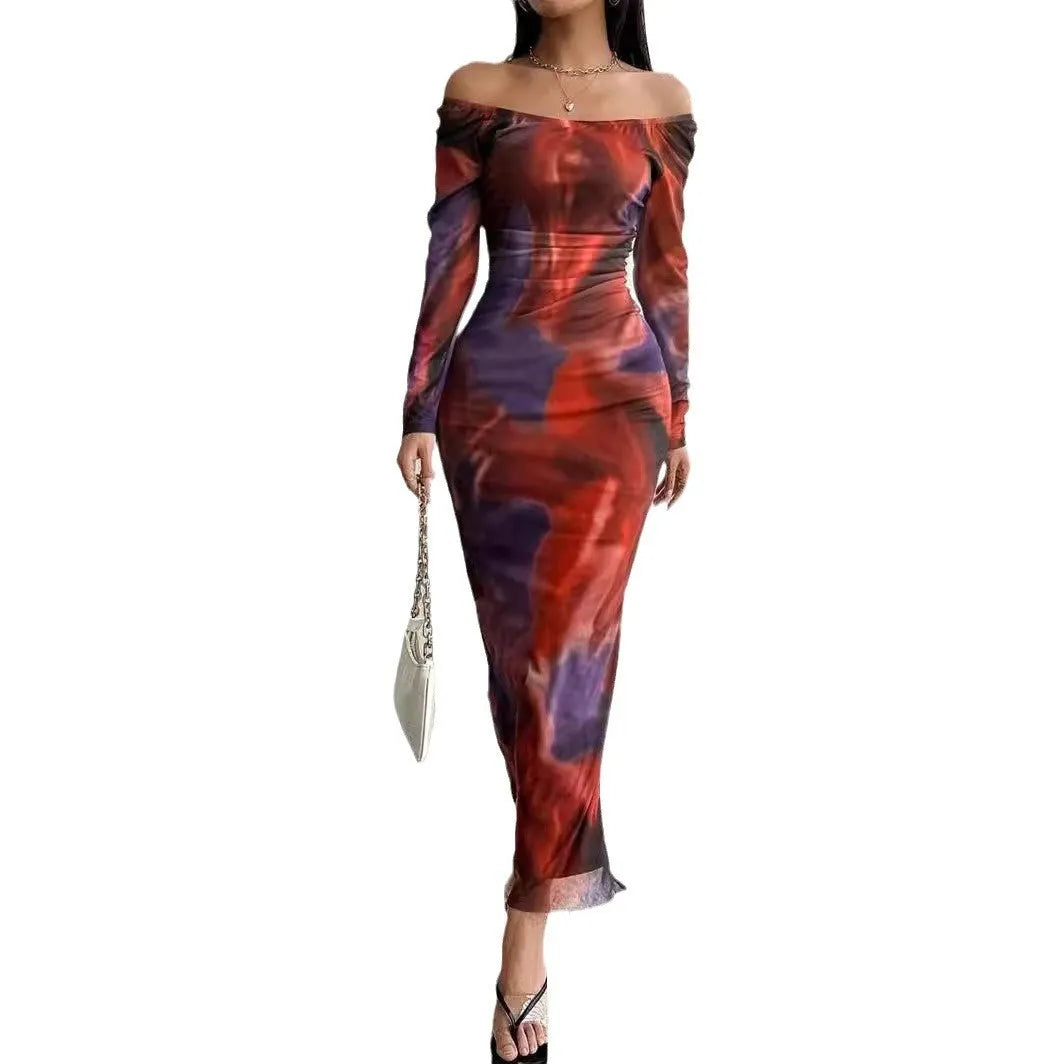 Women's long fishtail dress with square collar, pleated mesh fabric, and a split hem in a gradient colour.
