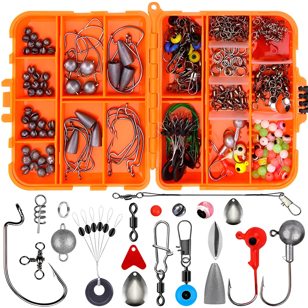 257-piece fishing lure accessories set in orange or black ABS storage box