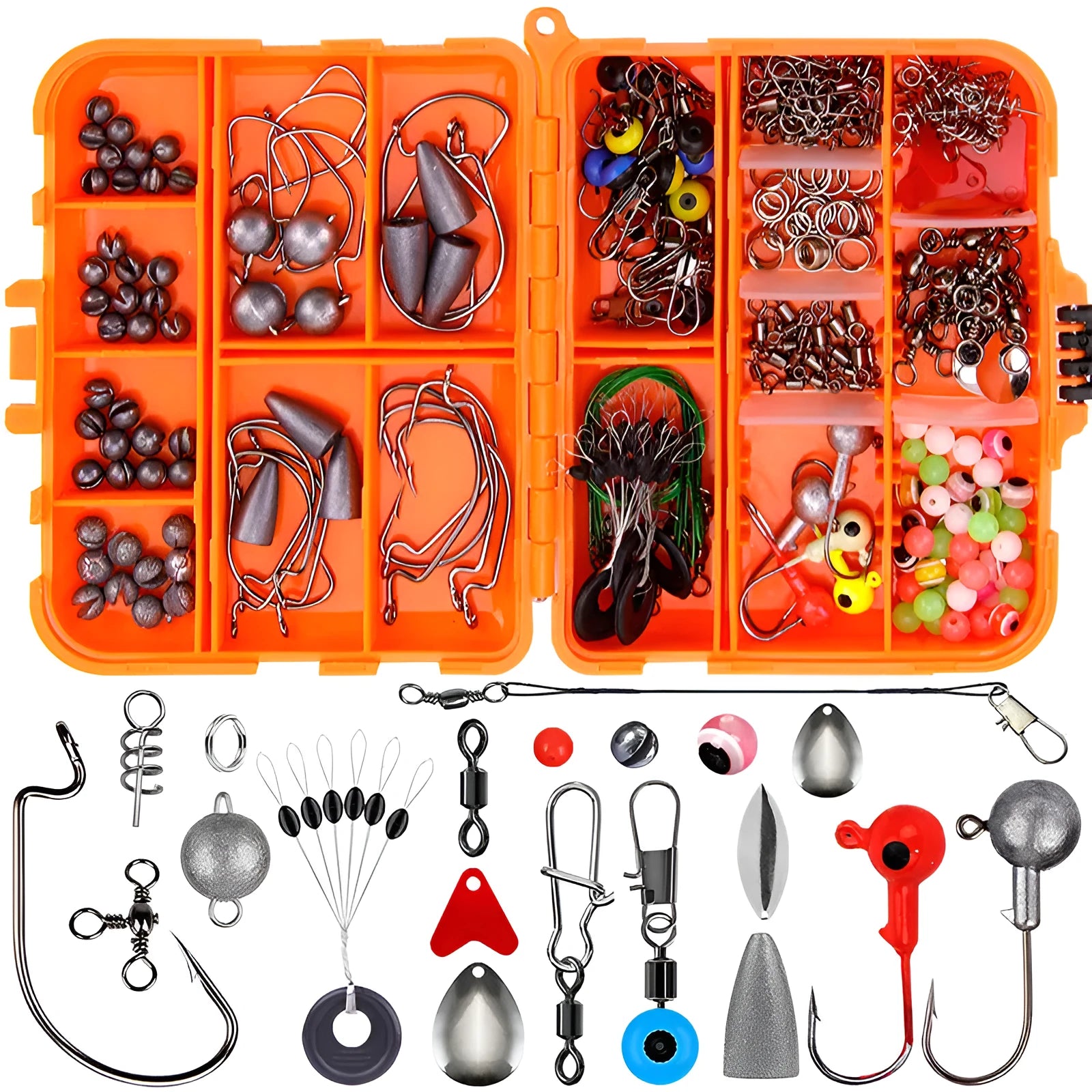 257-piece fishing lure accessories set in orange or black ABS storage box