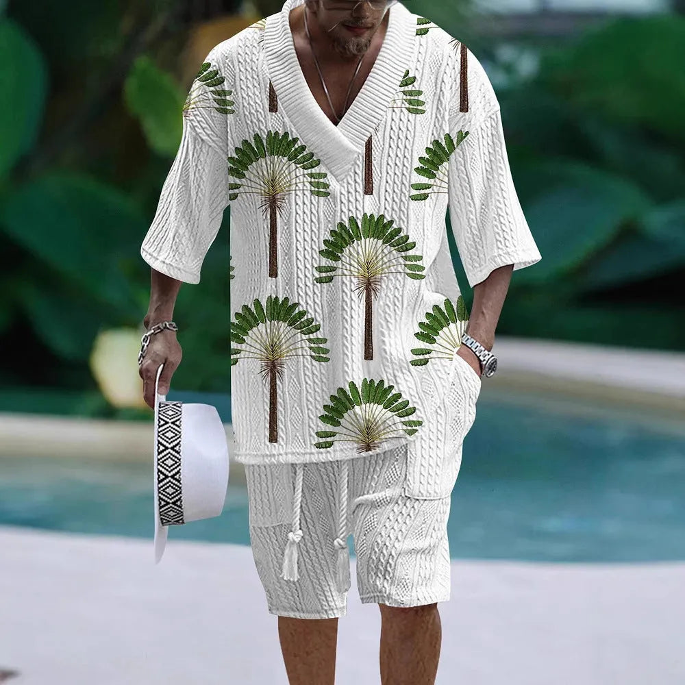 Men's casual short sleeve suit set with loose-fitting top and elastic waist shorts in solid colour