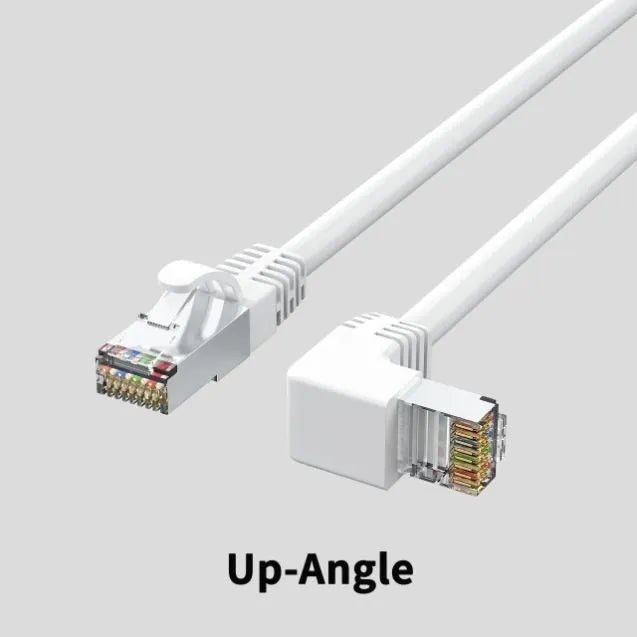 Right-angle Cat6 Ethernet cable with metal RJ45 connectors in various colours and lengths