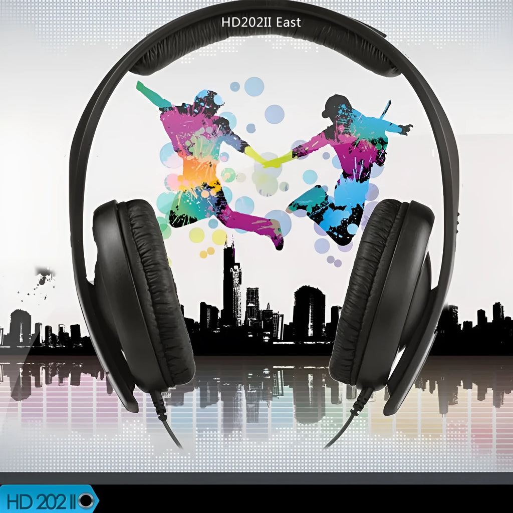 Black over-ear headphones with a headband, large ear cups, a long cable, and a 3.5mm plug.