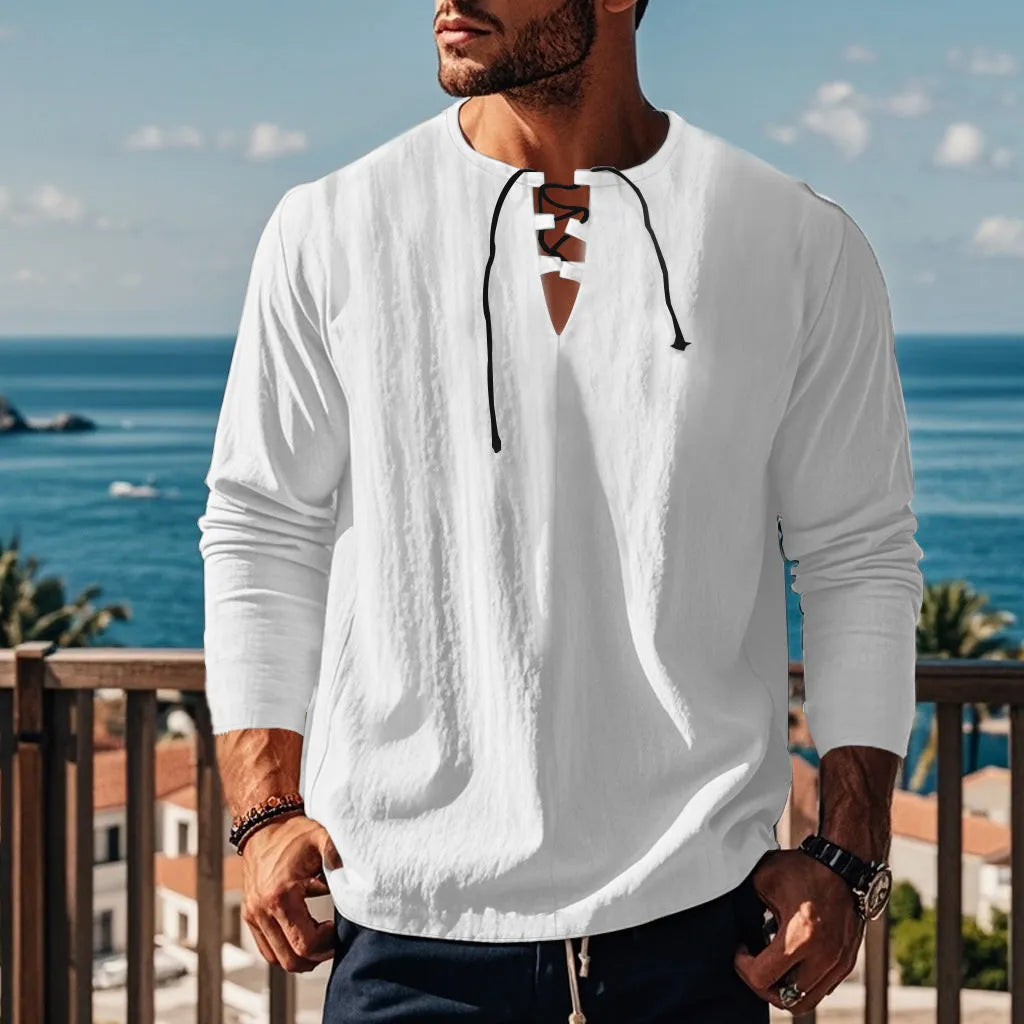 Solid colour cotton linen beach ruff shirt loose pullover style