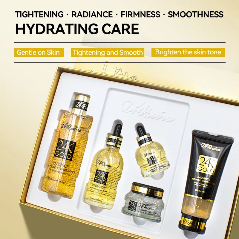 DR.ROSEVA 5Pcs 24K Gold Radiance luxury skincare gift box with Cleanser Toner Serum Eye Serum and Face Cream