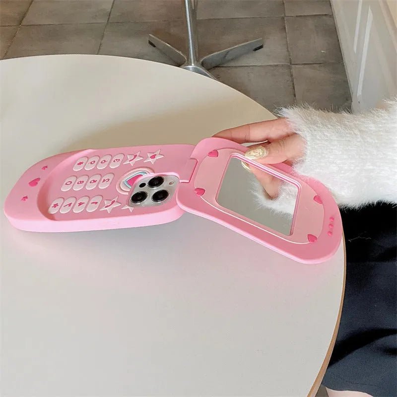 Pink silicone flip phone shaped case with mirror for iPhone models