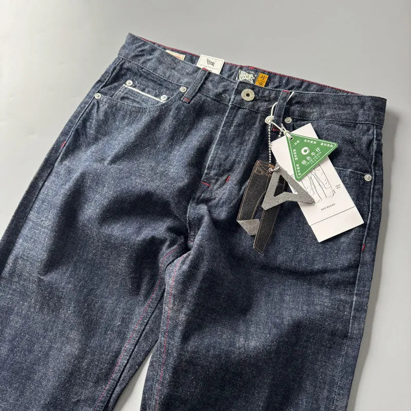 Men's straight leg jeans in American retro style with primary colour wash and mid waist design