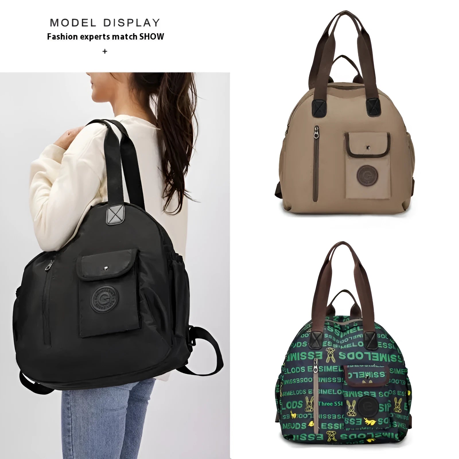 Outdoor backpack with sandwich pocket design showing black, khaki, and green letters colour options