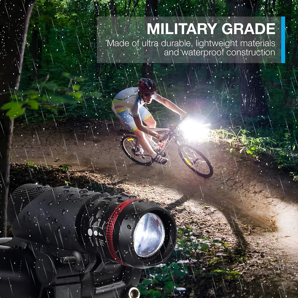 Bicycle headlight and taillight set with quick-release mounting bracket on a bike.