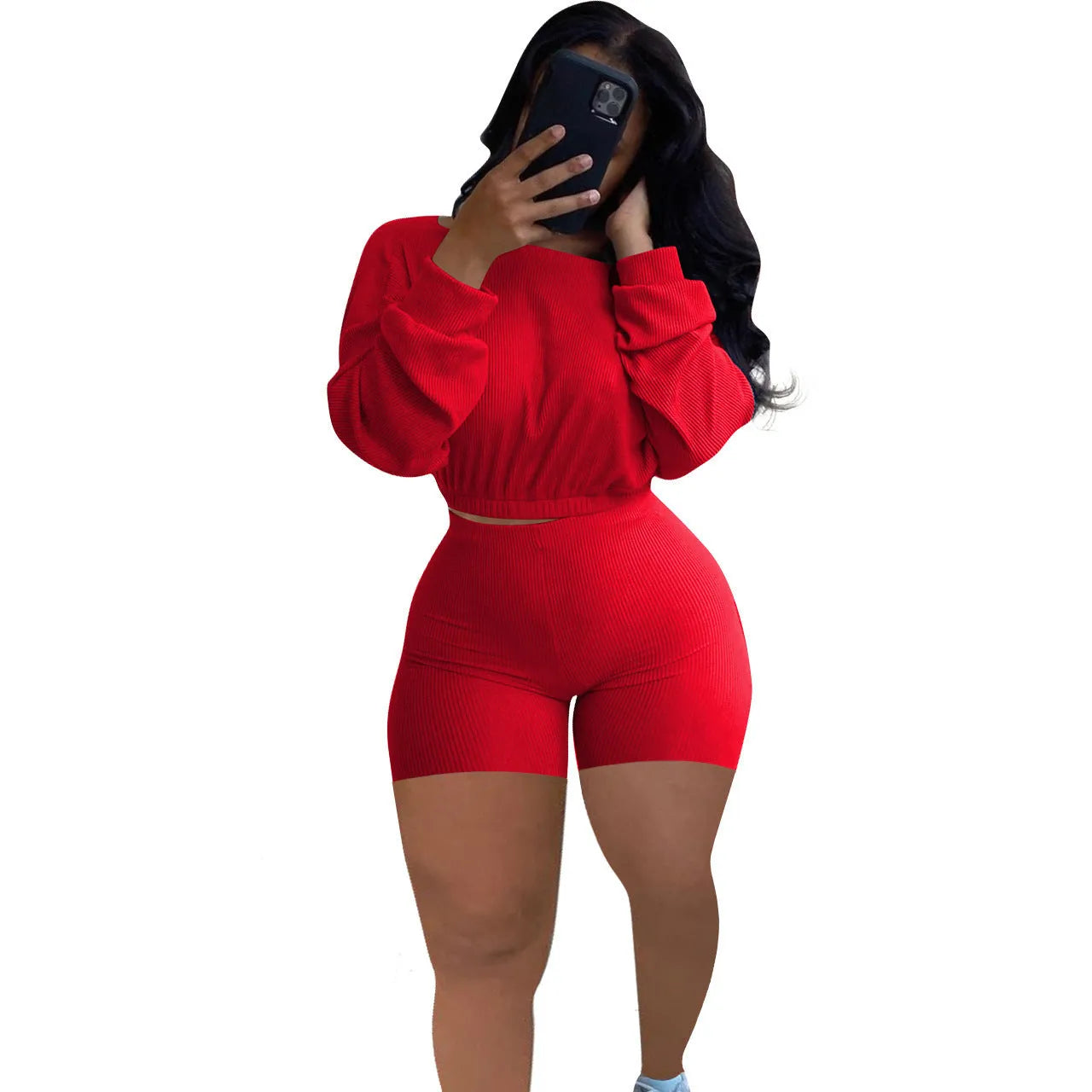 Ladies' solid colour off-the-shoulder long sleeve top and shorts two-piece set