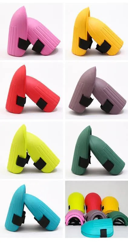 EVA foam knee pads for gardening in five colour options showing dimensions 19x15x1.3cm