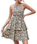 Women's boho style halter neck backless summer dress with ruffled A-line hem.