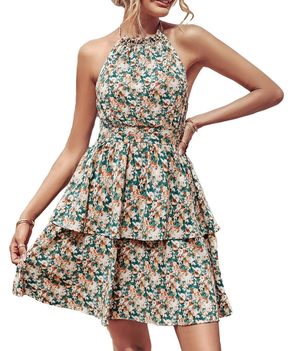 Women's boho style halter neck backless summer dress with ruffled A-line hem.