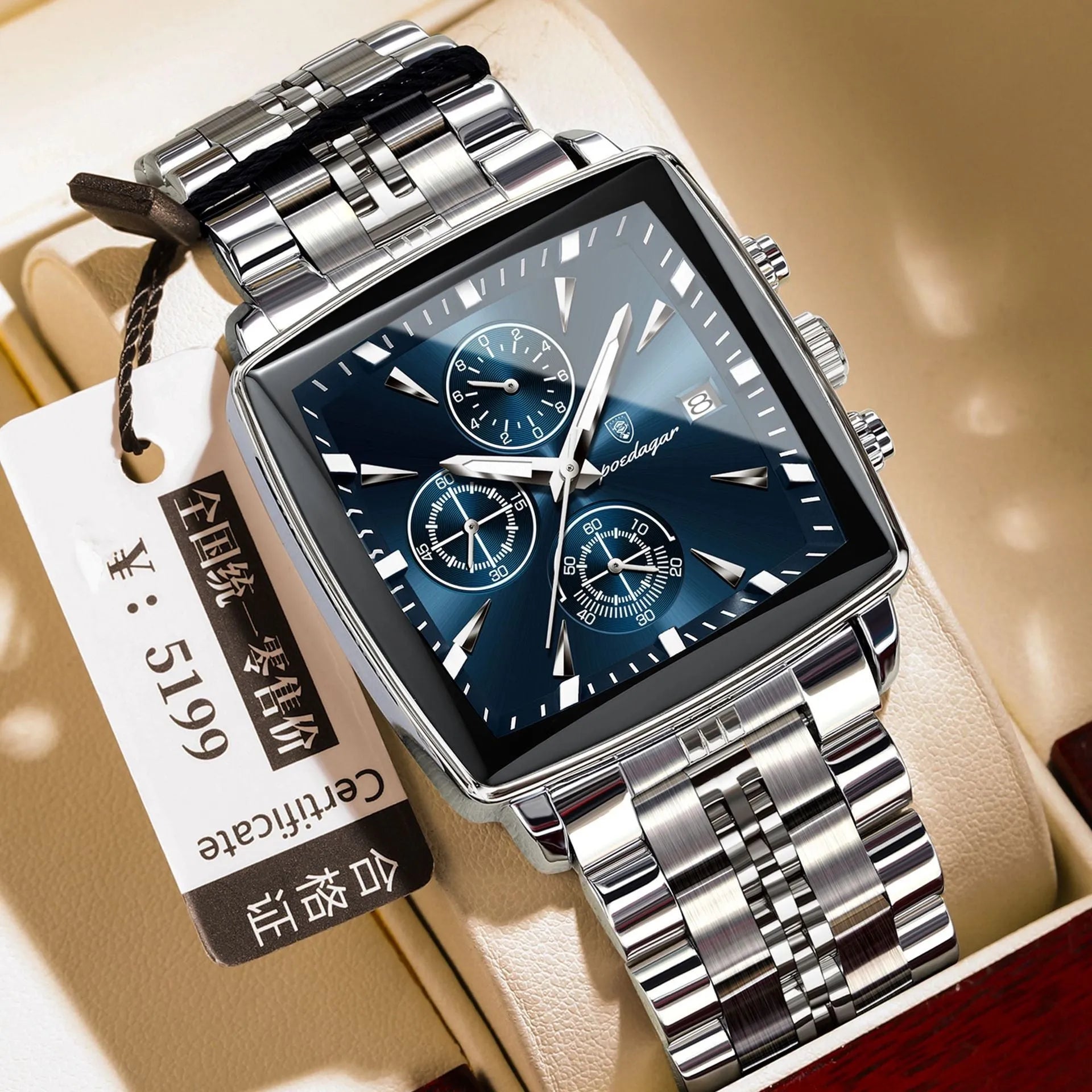 Men's square business watch with stainless steel strap and butterfly clasp in various colour options.