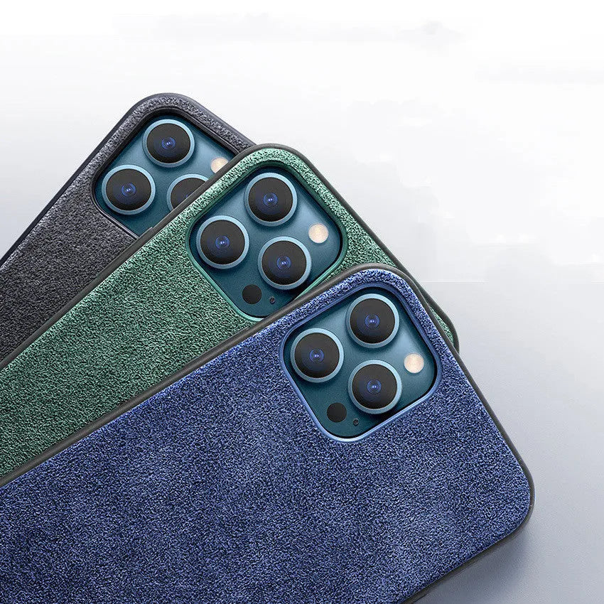 Suede iPhone case in dark blue colour showing textured finish and full-cover back protection design