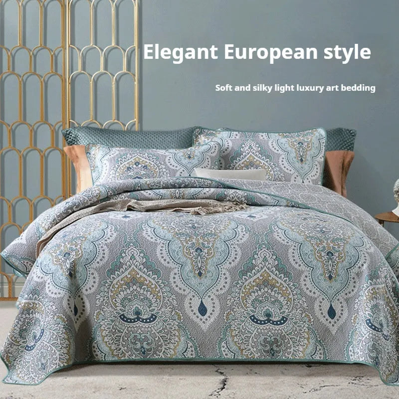 Pure cotton bedspread three-piece set with geometric print pattern showing bed cover and pillowcases