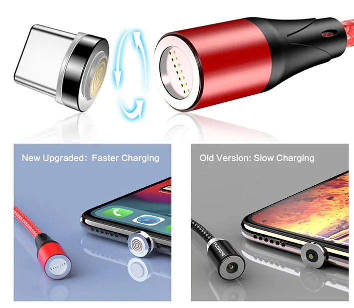 Black magnetic data cable with LED light and interchangeable iPhone, Android, and Type-C heads.