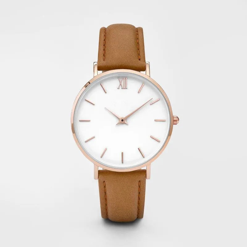 Square alloy case quartz watch with PU leather strap in various colours including grey, green, pink, and black.