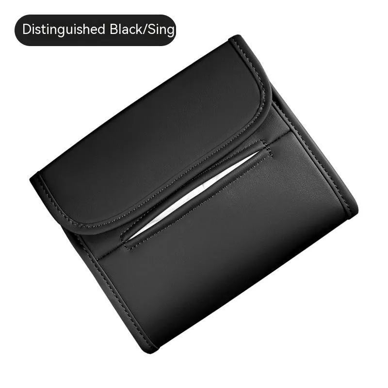 Leather car tissue box holder mounted on vehicle sun visor with elastic band
