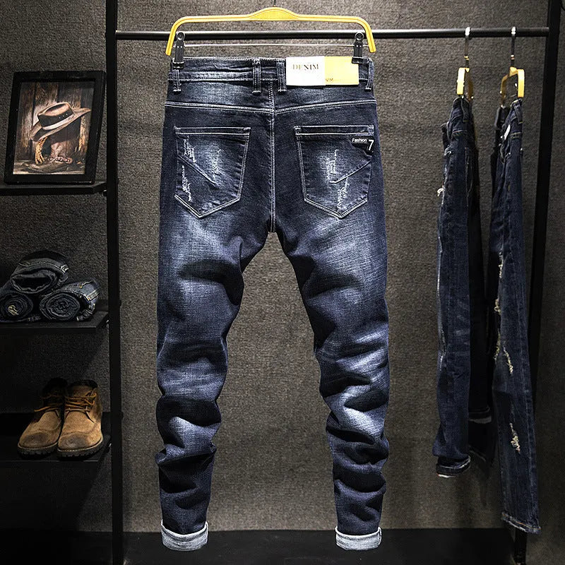Men's slim-fit skinny jeans in dark blue and light blue cotton denim with micro-elastic fabric