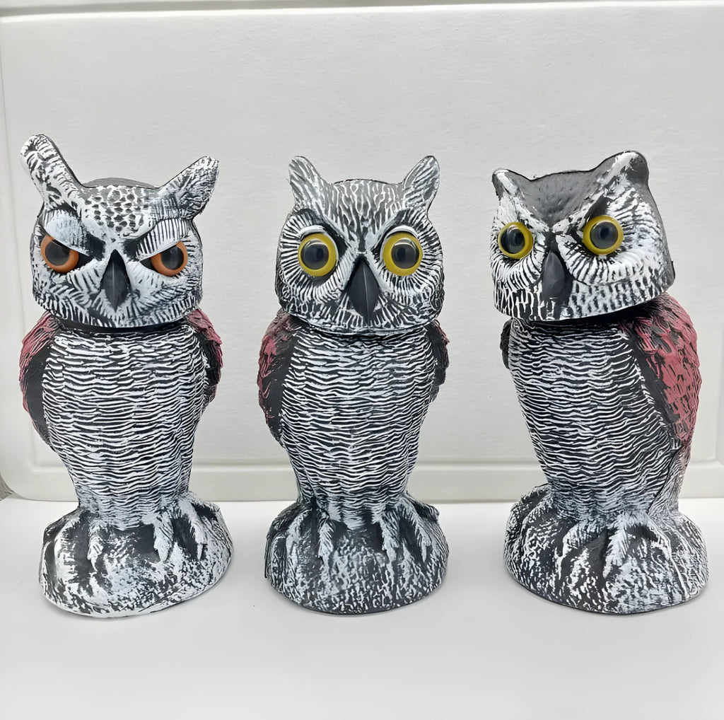 Artificial plastic owl bird scare ornament with moveable head for outdoor garden pest control