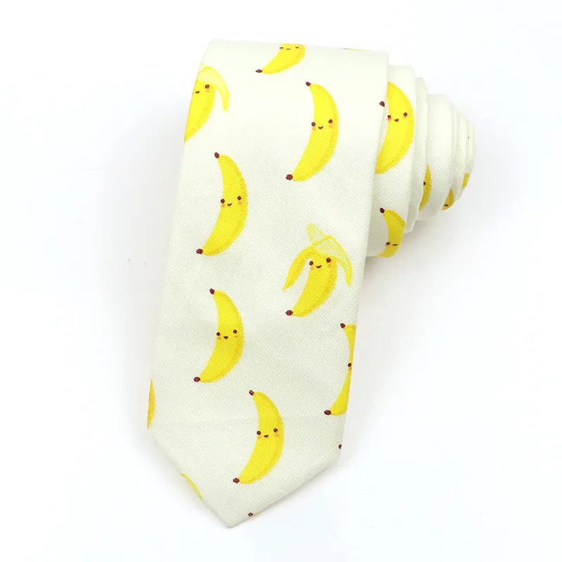 Korean style narrow men's cotton bow tie with a cartoon print pattern on an adjustable neck band.