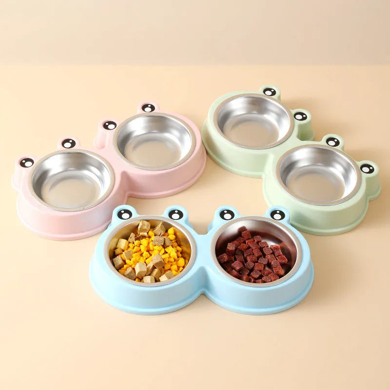 Stainless steel pet double bowl with elevated frog-style base in blue colour for cat and dog feeding