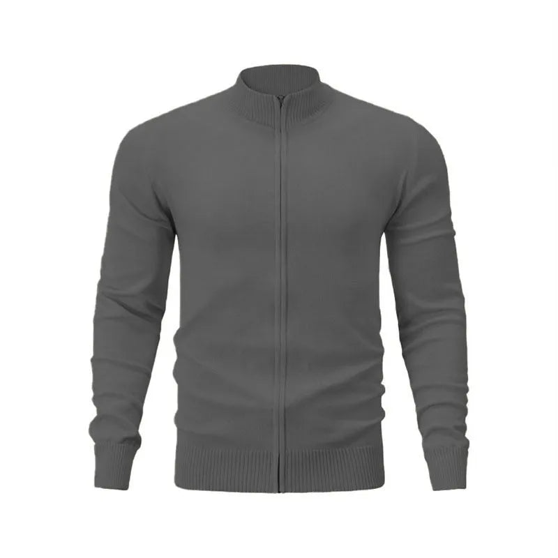 Man wearing a stand collar zip-front casual sweater in a solid colour, showing loose fit and front zipper detail.