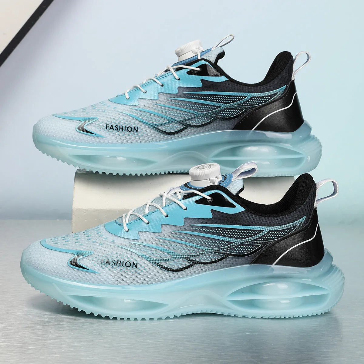 Casual running shoes with mesh upper in sky blue, black gold, or white with rubber soles and front lace-up closure