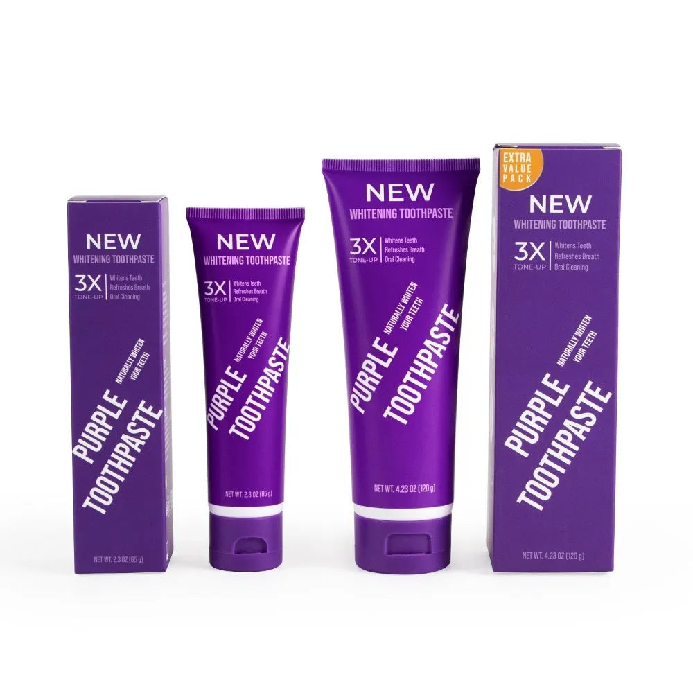 Purple whitening toothpaste tube for adults to remove yellow stains, showing 120g and 65g size options