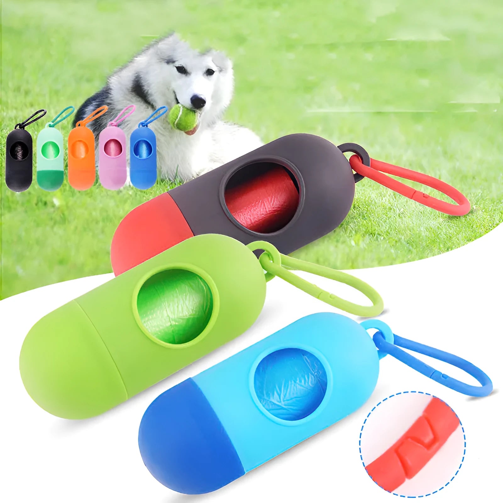 Compact black dog waste bag holder with side hook and velcro base for attaching to trousers or dog collars