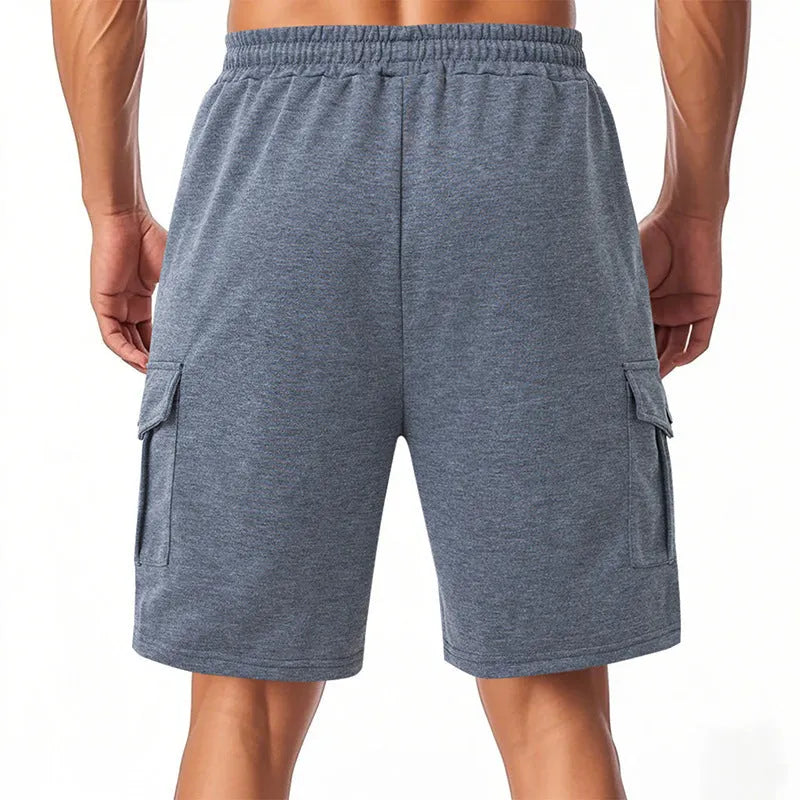 Men's heavy loose casual multi-pocket sports cargo shorts in towel terry fabric available in light grey, black, and dark grey