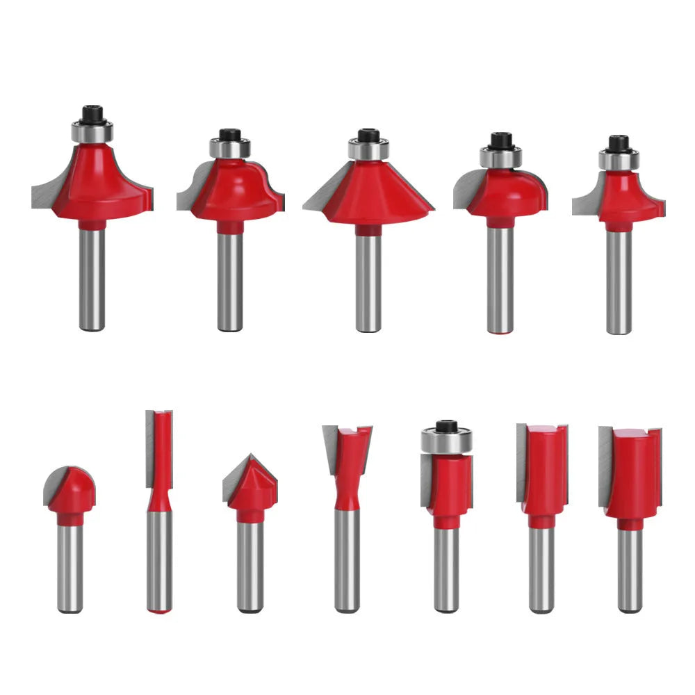 15-piece tungsten steel router bits set with 1/4 inch shank in red case for trimmer machines
