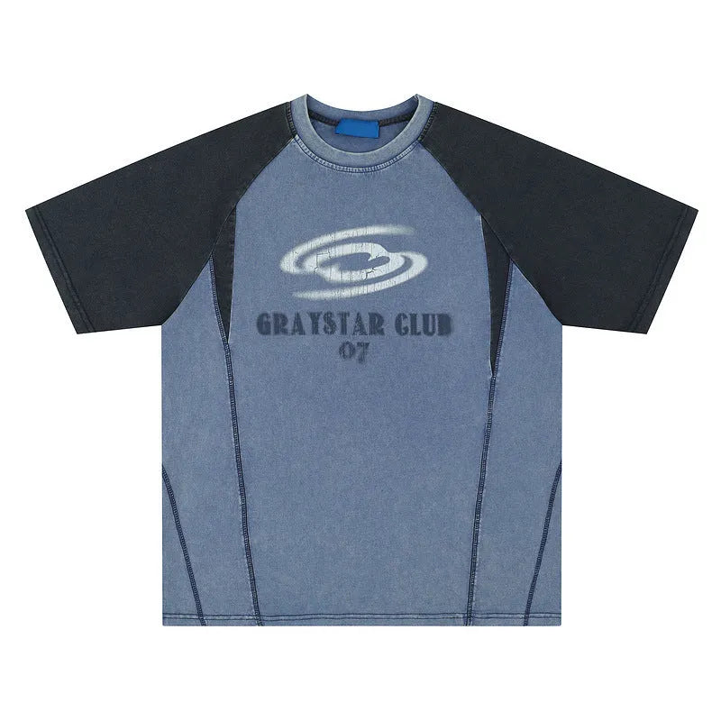 Blue men's t-shirt with white hip hop letter print and raglan sleeves