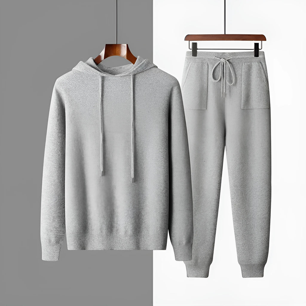 Men's light grey cashmere hoodie and trousers leisure set with hooded sweatshirt
