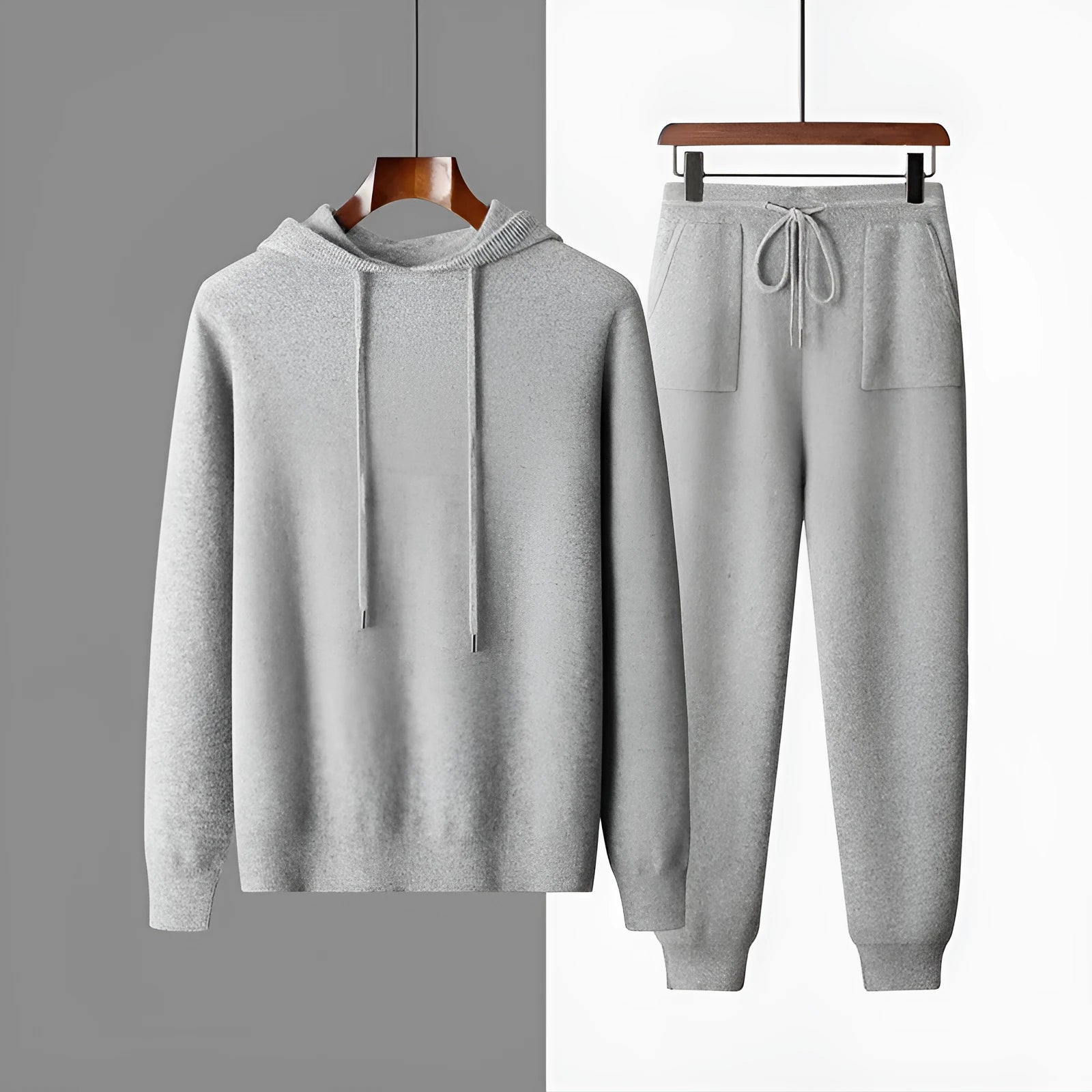 Men's light grey cashmere hoodie and trousers leisure set with hooded sweatshirt