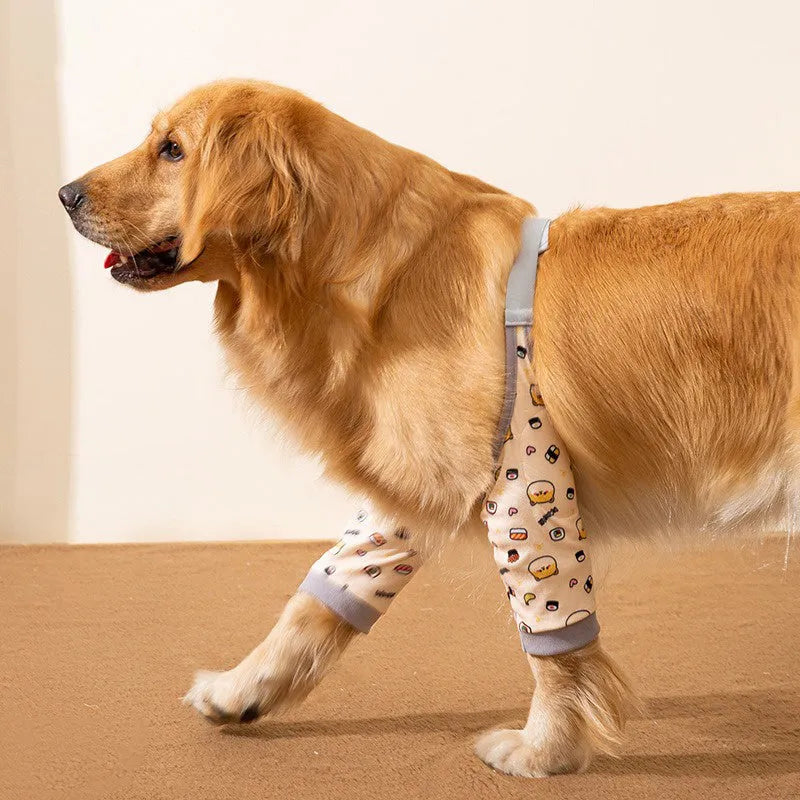 Blue dog knee protector pad with thick elbow padding and adjustable strap, shown with a matching scarf.