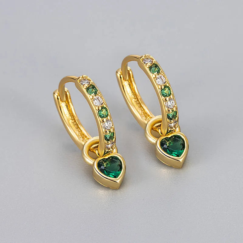 Women's copper earrings with heart-shaped drops and coloured stone accents in gold or white gold tone settings